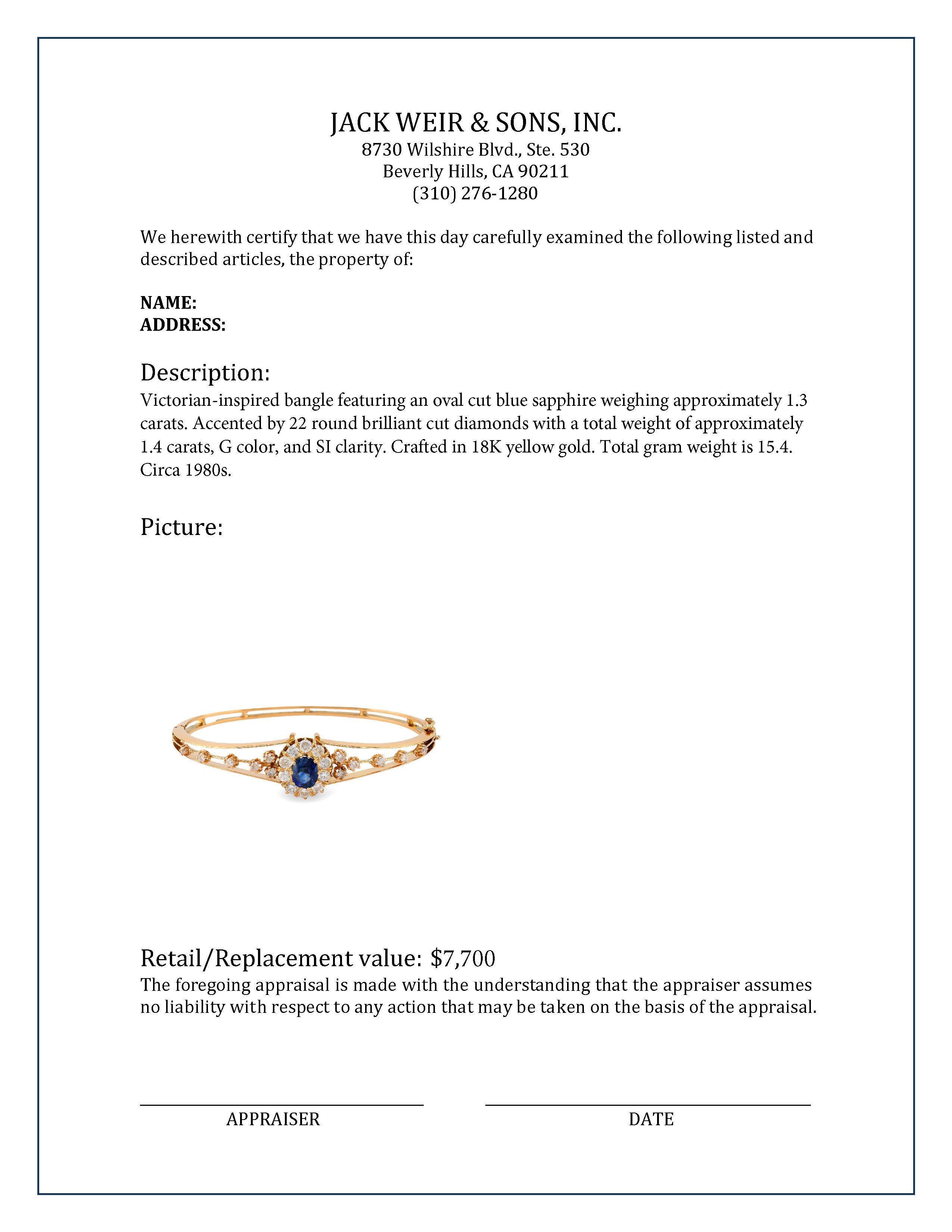 Viktorianischer inspirierter Saphir-Diamant-Armreif aus 18 Karat Gelbgold für Damen oder Herren