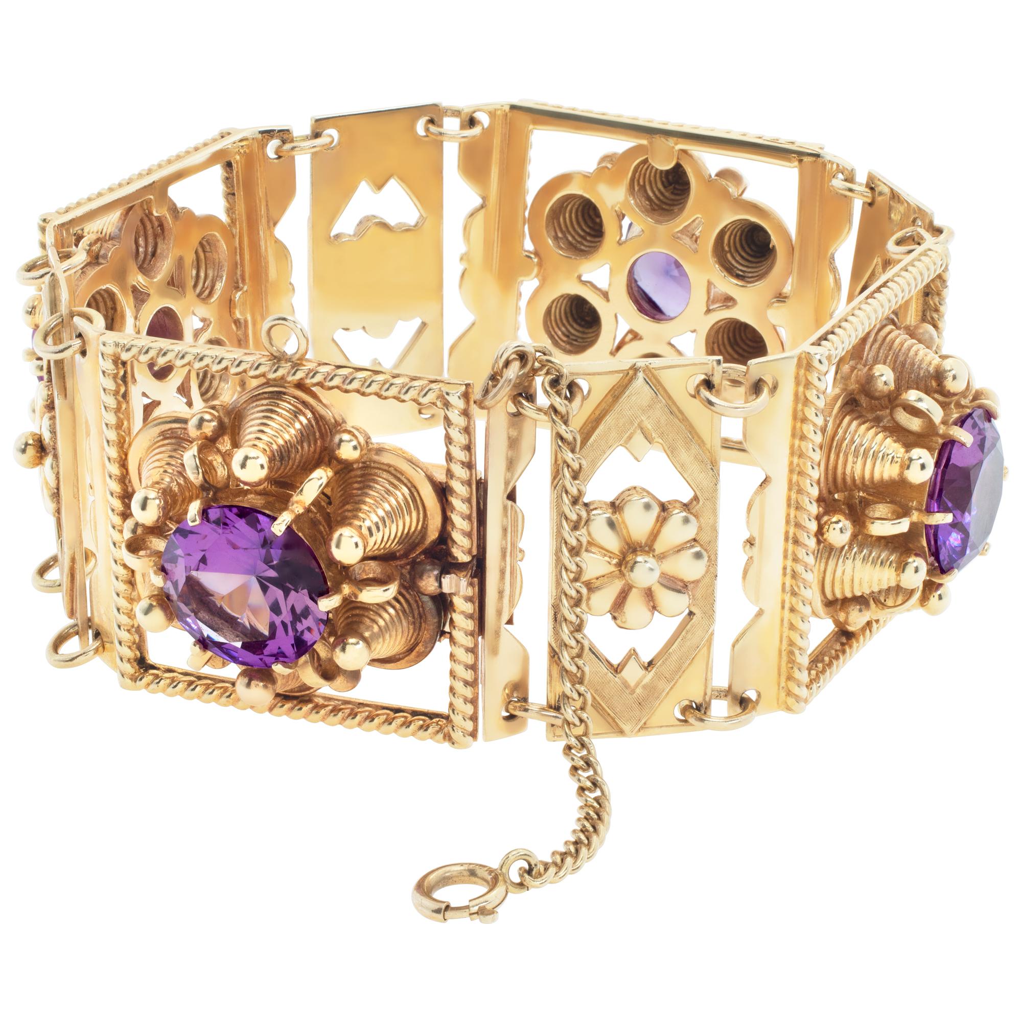 Victorian Inspired style bracelet with four round brilliant cut pink stones, set in solid 14K yellow gold. 7.50