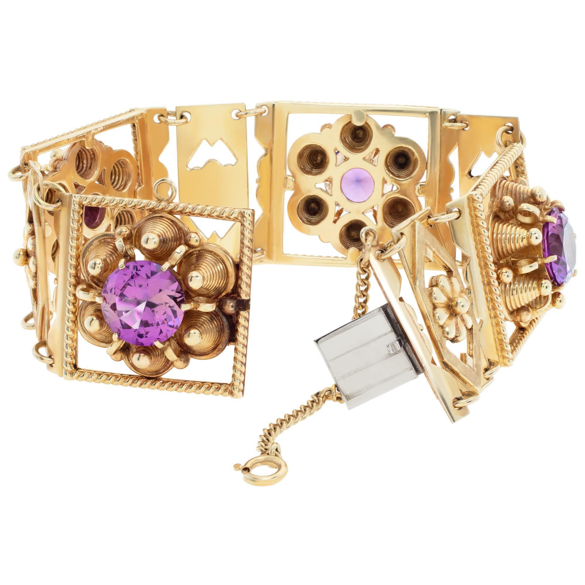 Bracelet d'inspiration victorienne en or jaune 14 carats avec quatre pierres roses Excellent état - En vente à Surfside, FL