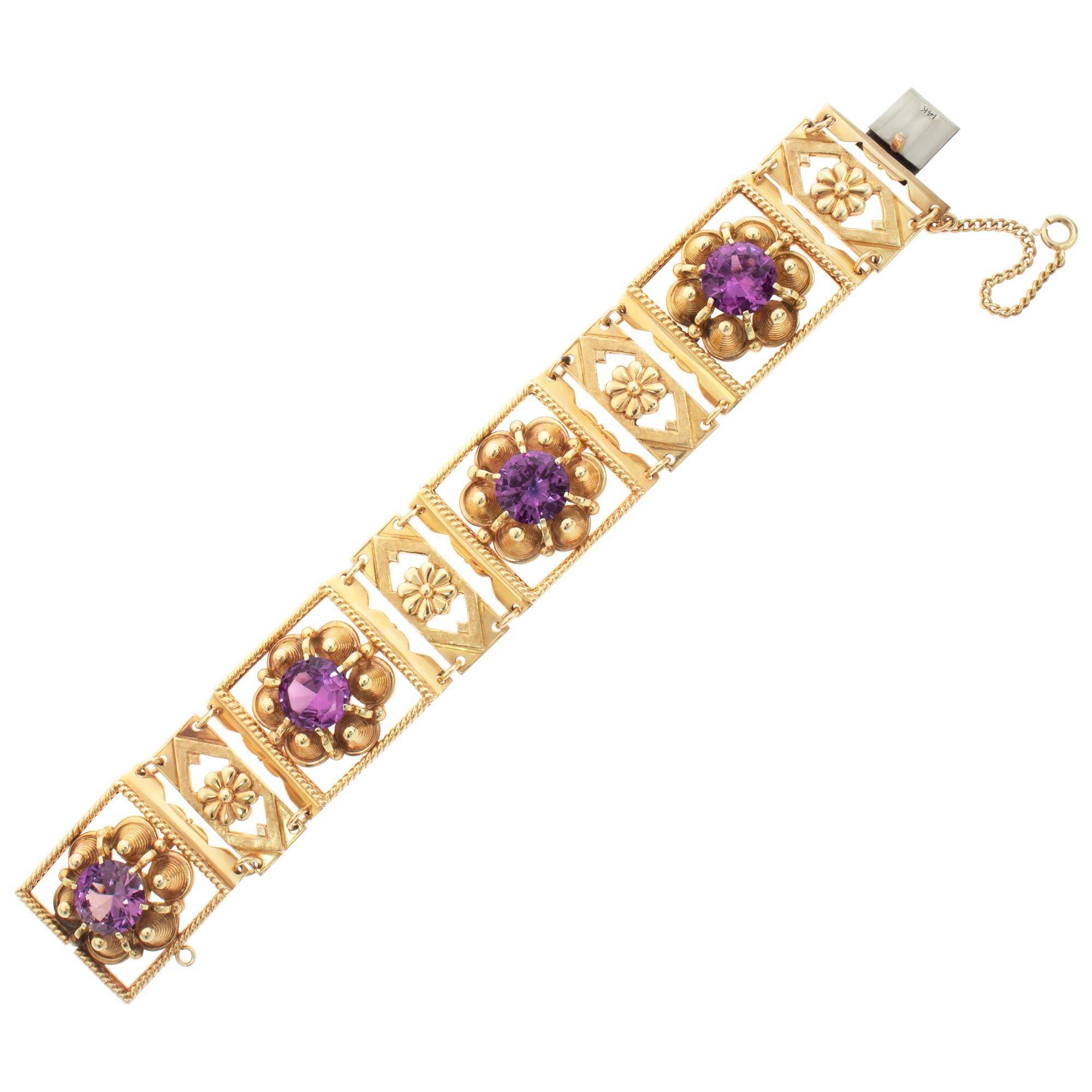 Women's Victorian Inspired Style 14k Yellow Gold Bracelet With four Pink Stones For Sale