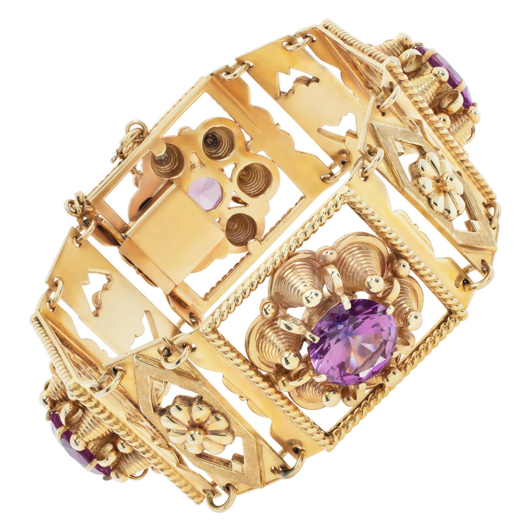 Bracciale in oro giallo 14k di ispirazione vittoriana con quattro pietre rosa in vendita