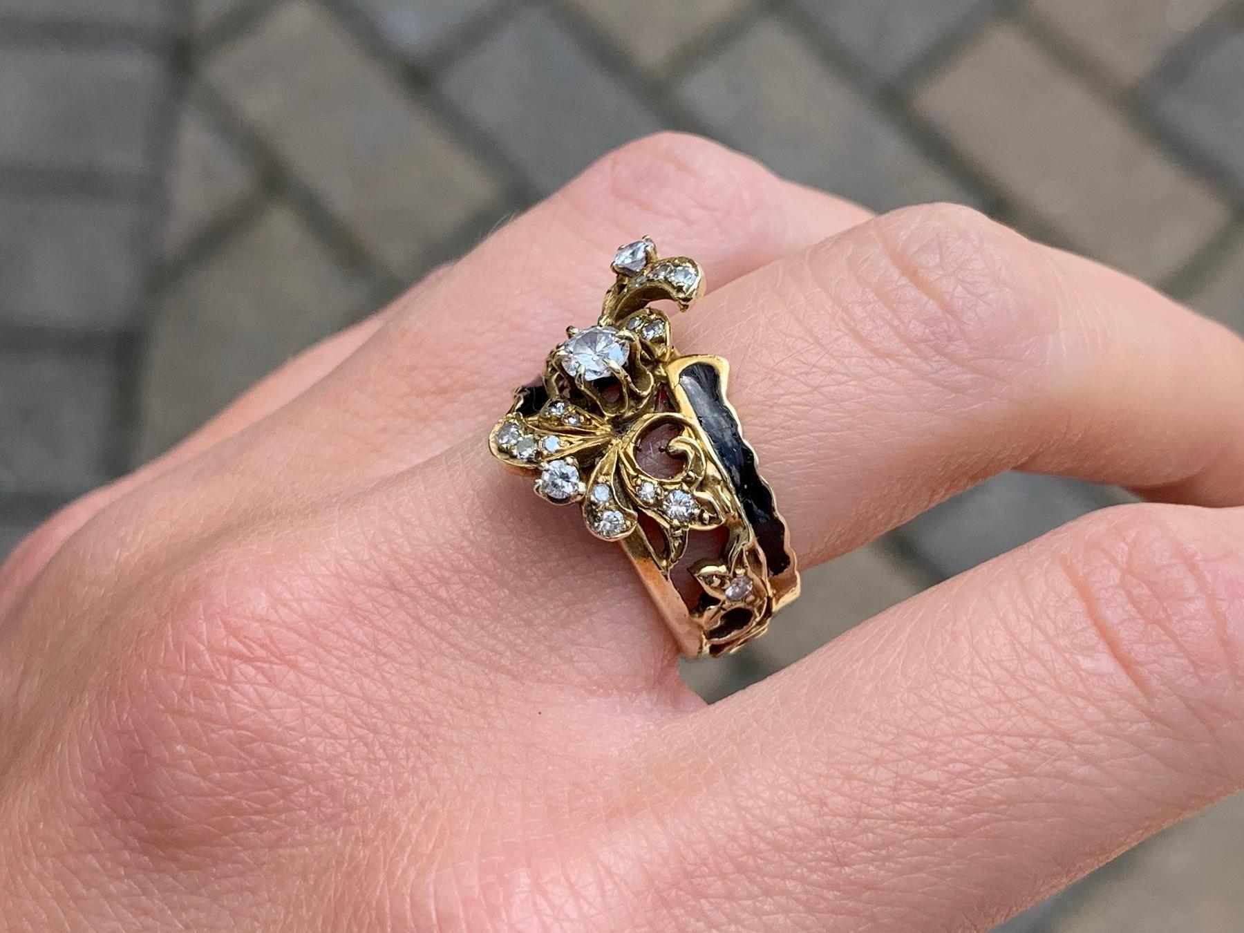 Victorian Inspired Yellow Gold, Diamond and Enamel Wide Ring For Sale 5