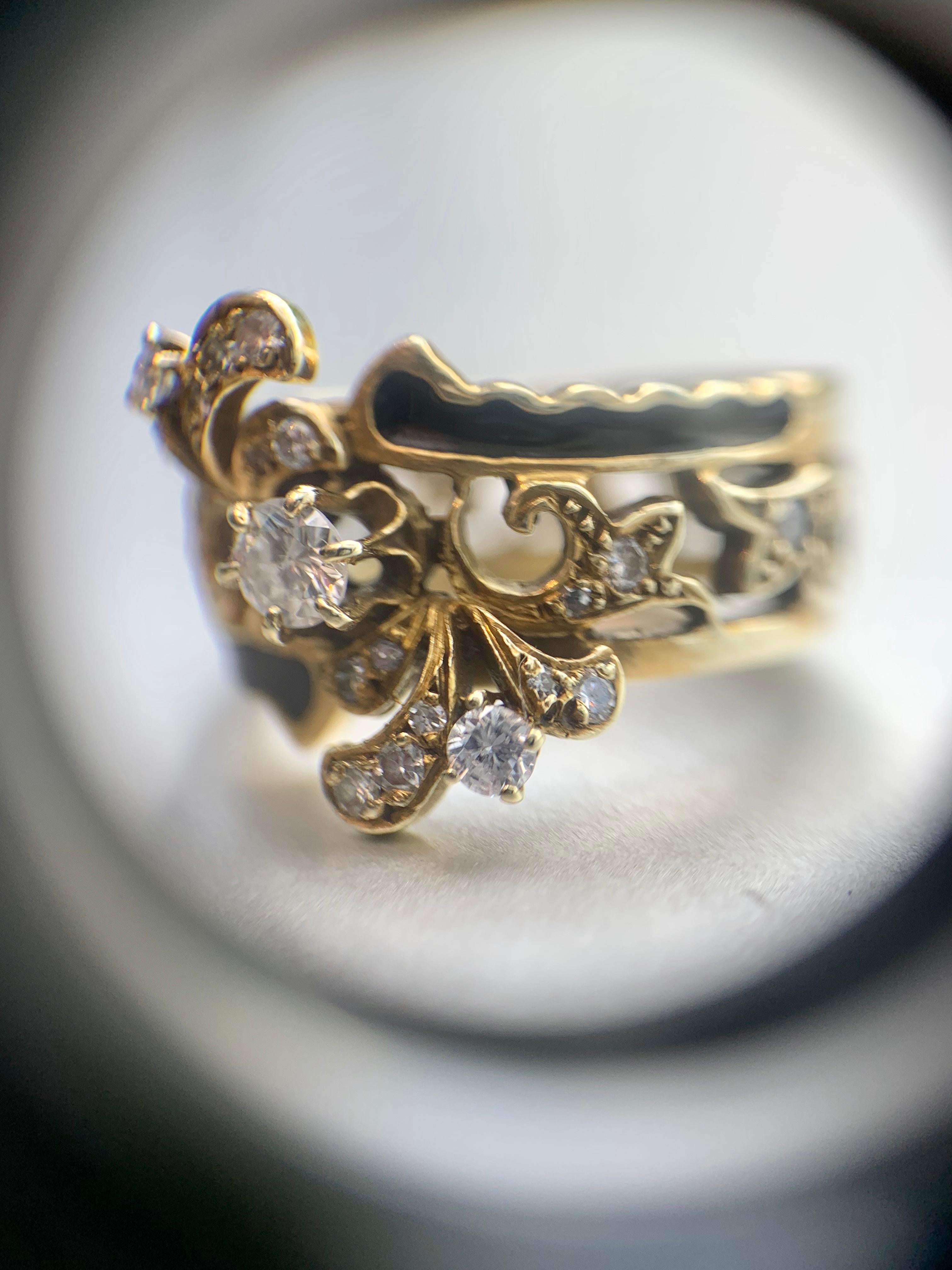 Victorian Inspired Yellow Gold, Diamond and Enamel Wide Ring For Sale 7