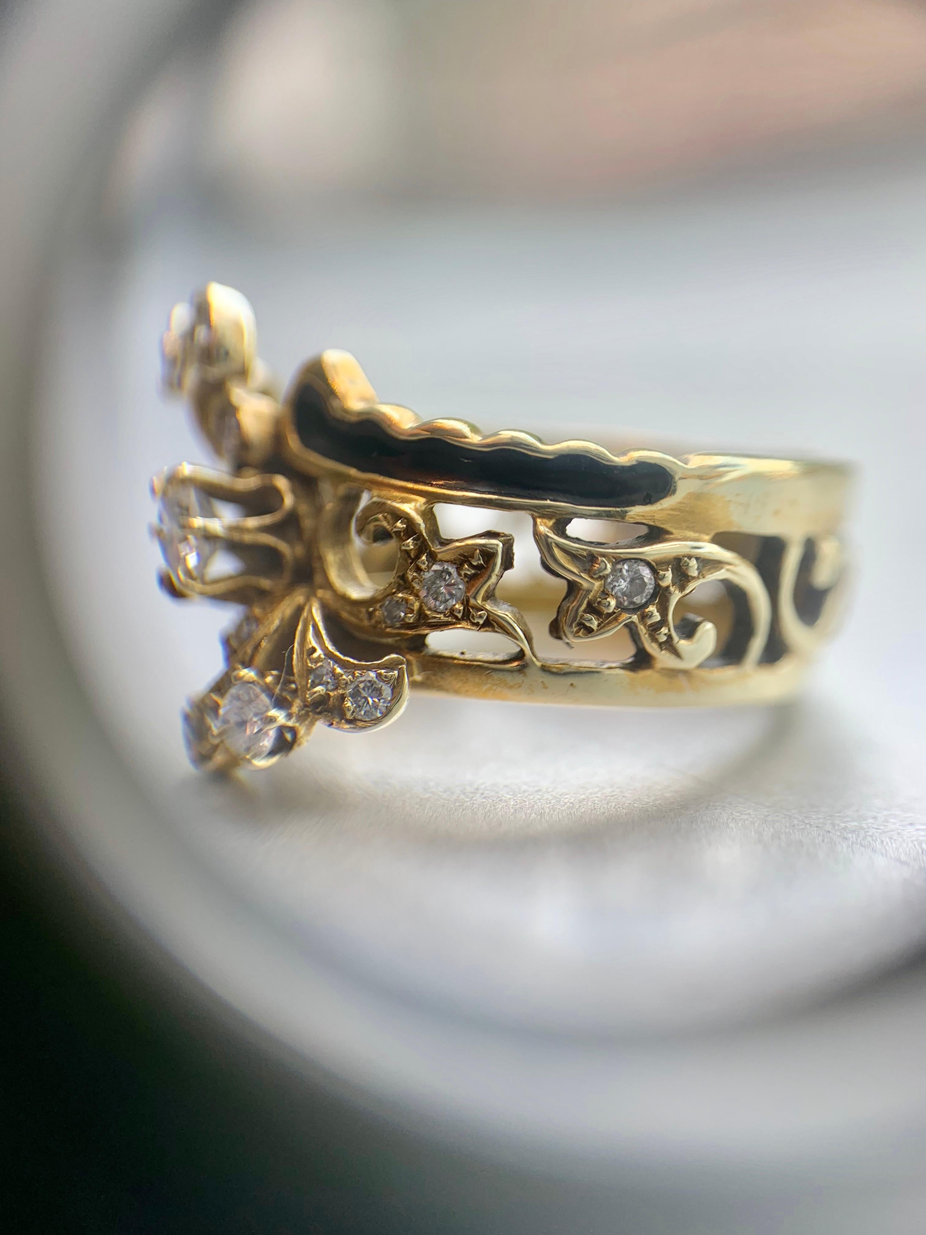 Victorian Inspired Yellow Gold, Diamond and Enamel Wide Ring For Sale 8