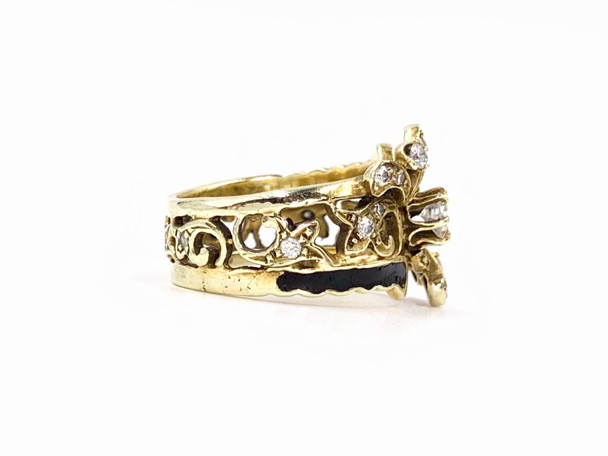 Round Cut Victorian Inspired Yellow Gold, Diamond and Enamel Wide Ring For Sale