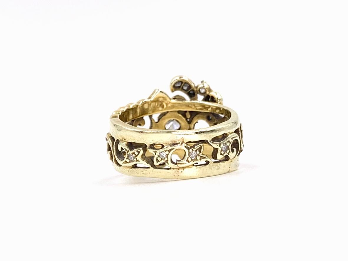 Victorian Inspired Yellow Gold, Diamond and Enamel Wide Ring In Good Condition For Sale In Pikesville, MD