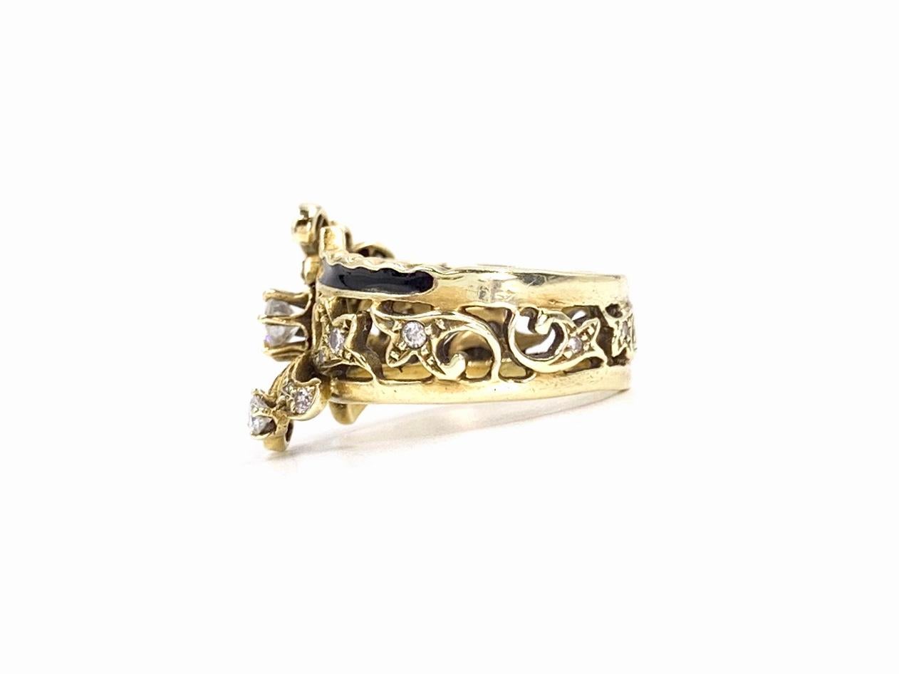 Women's Victorian Inspired Yellow Gold, Diamond and Enamel Wide Ring For Sale