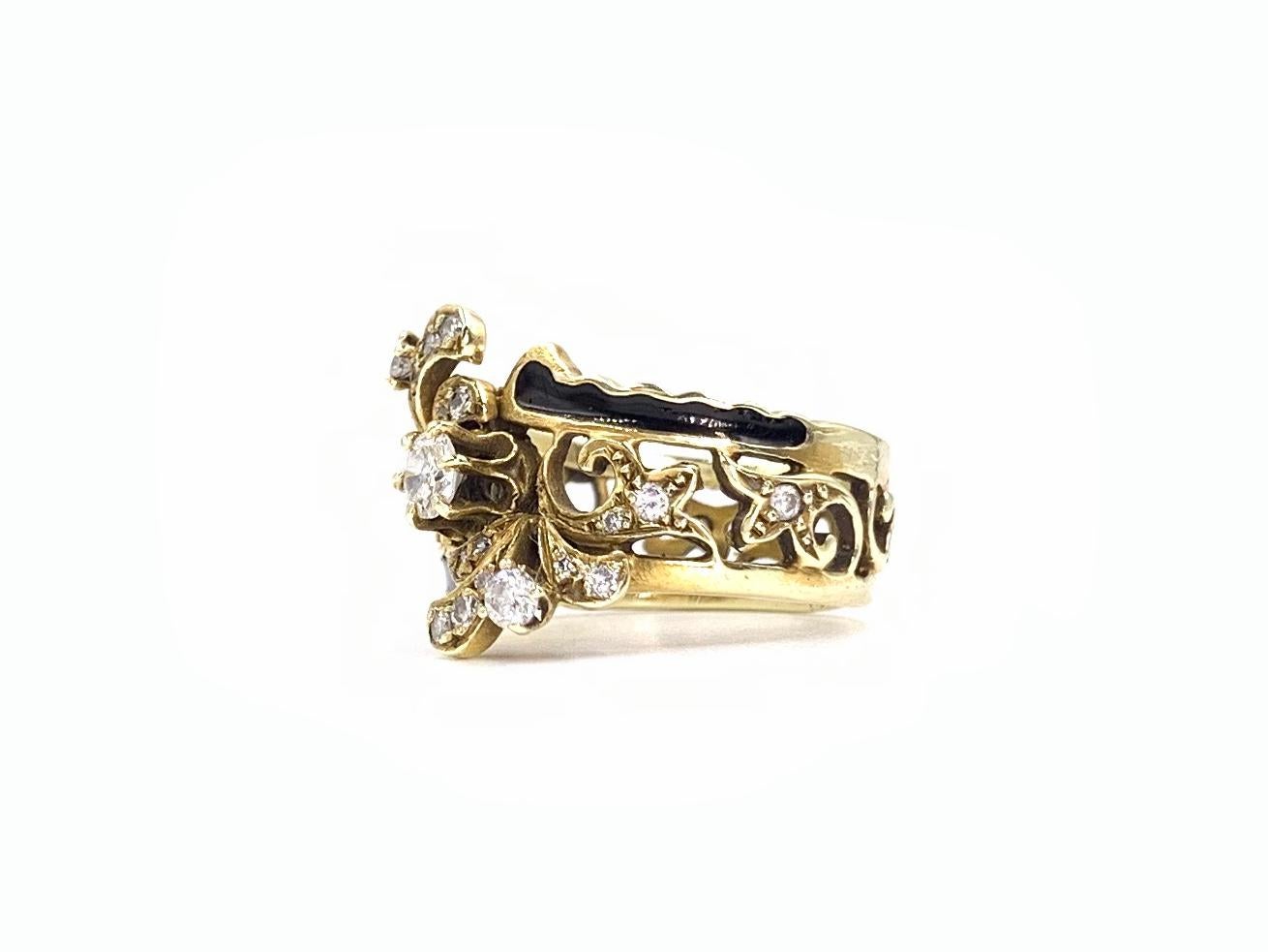 Victorian Inspired Yellow Gold, Diamond and Enamel Wide Ring For Sale 1