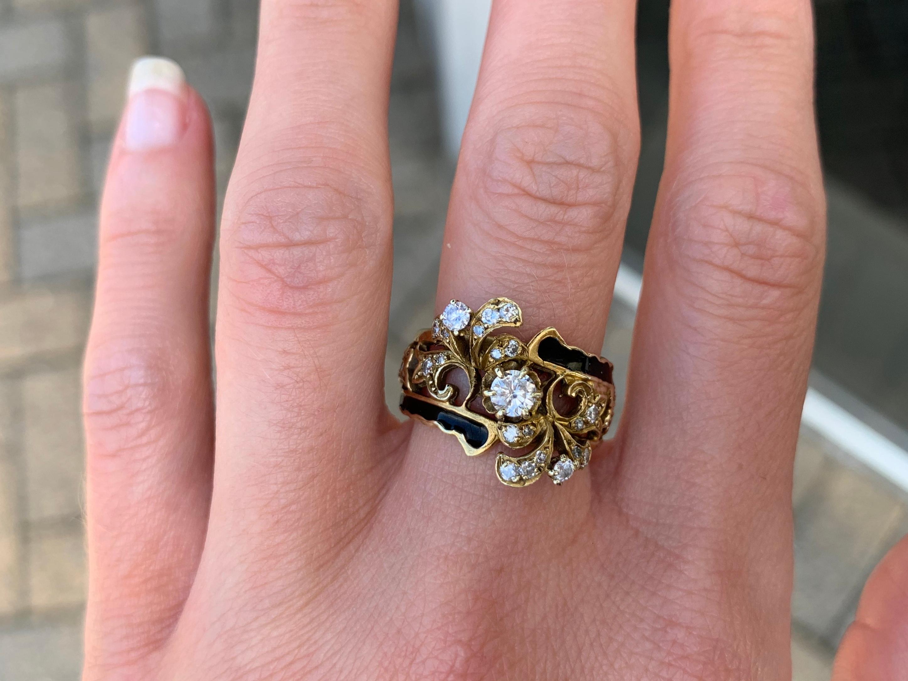 Victorian Inspired Yellow Gold, Diamond and Enamel Wide Ring For Sale 3