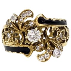 Victorian Inspired Yellow Gold, Diamond and Enamel Wide Ring