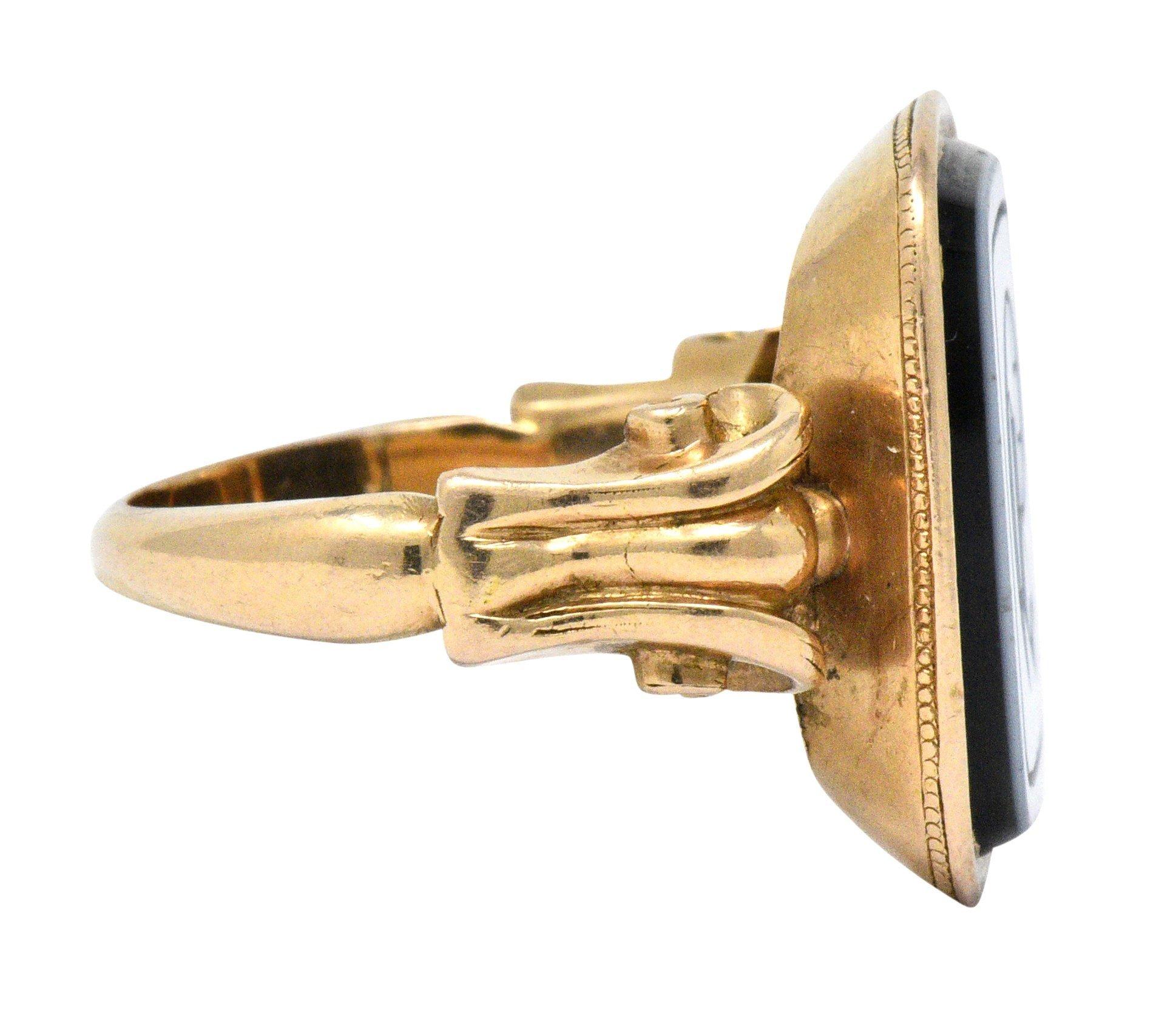 Victorian Intaglio Hardstone 14 Karat Gold Lettered Unisex Signet Ring In Excellent Condition In Philadelphia, PA
