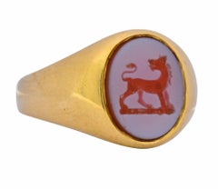 Victorian Intaglio Hardstone 18 Karat Gold Lion Signet Unisex Ring