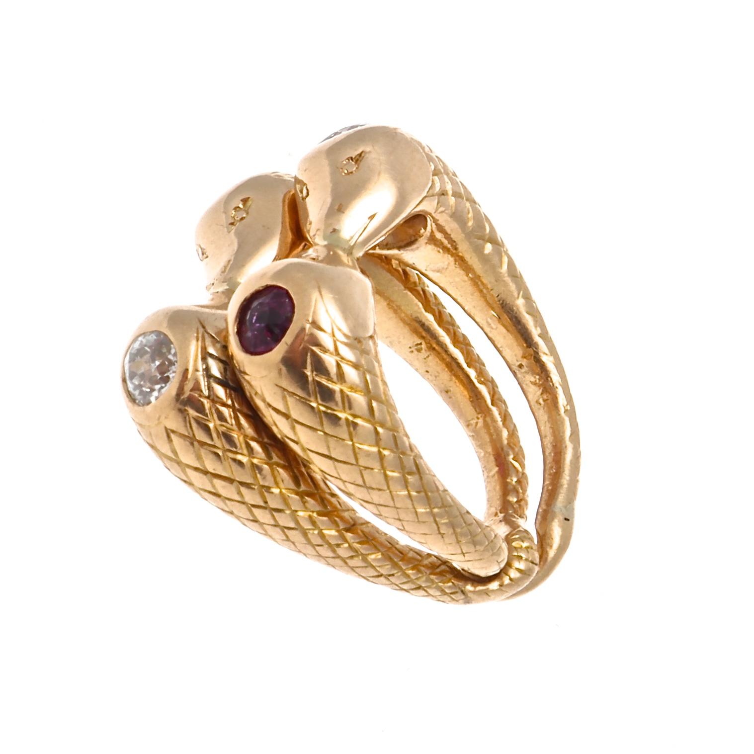Round Cut Victorian Intertwining Ruby Diamond Gold Snake Rings