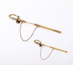 Victorian Intricate Gold, Enamel, Pearl and Diamond Sword Brooches