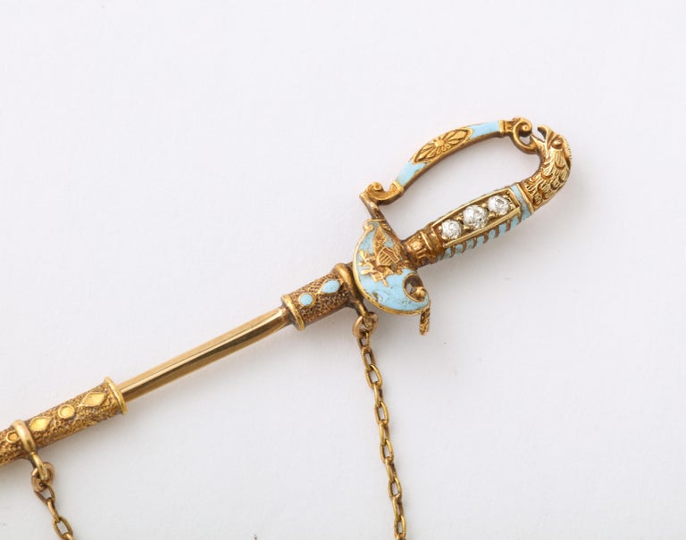 Round Cut Victorian Intricate Gold, Enamel, Pearl and Diamond Sword Brooches For Sale