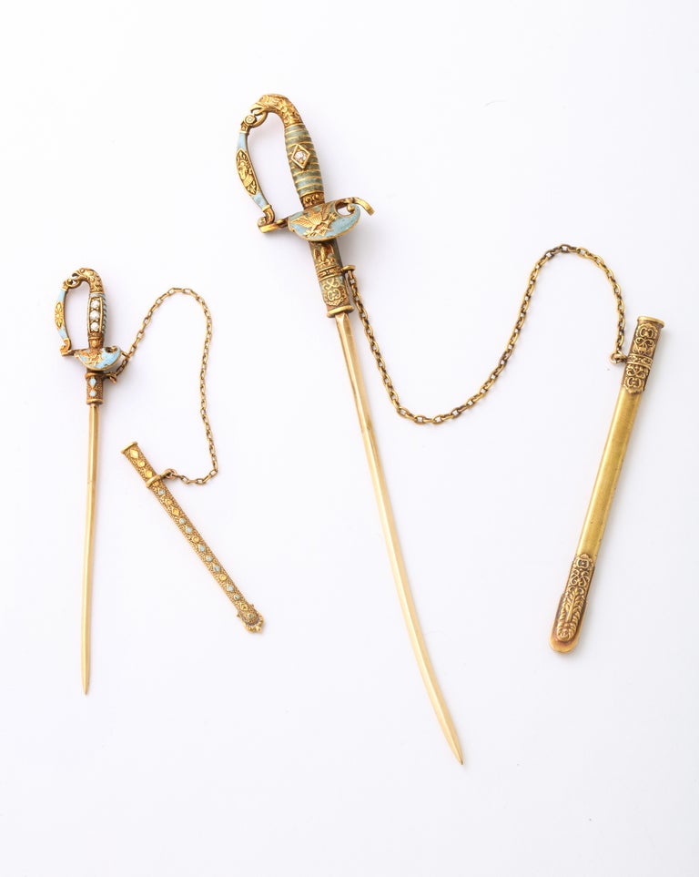 Women's or Men's Victorian Intricate Gold, Enamel, Pearl and Diamond Sword Brooches For Sale