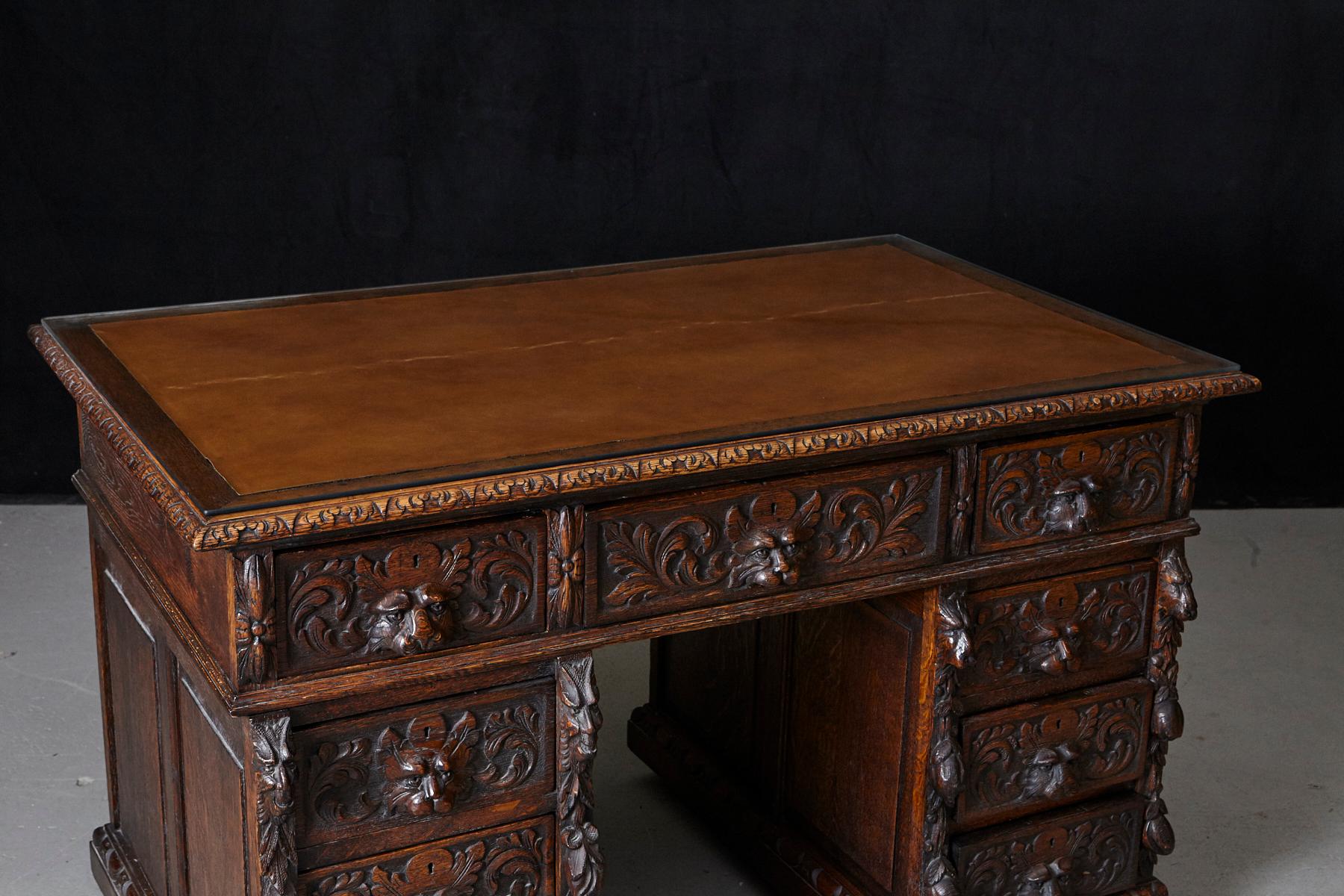 Victorian Intricately Carved Oak Kneehole Desk with Lion Head Handles 4
