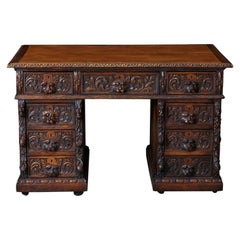 Victorian Intricately Carved Oak Kneehole Desk with Lion Head Handles