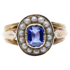 Antique Victorian Iolite and Natural Pearl Ring in 14 Karat Yellow Gold