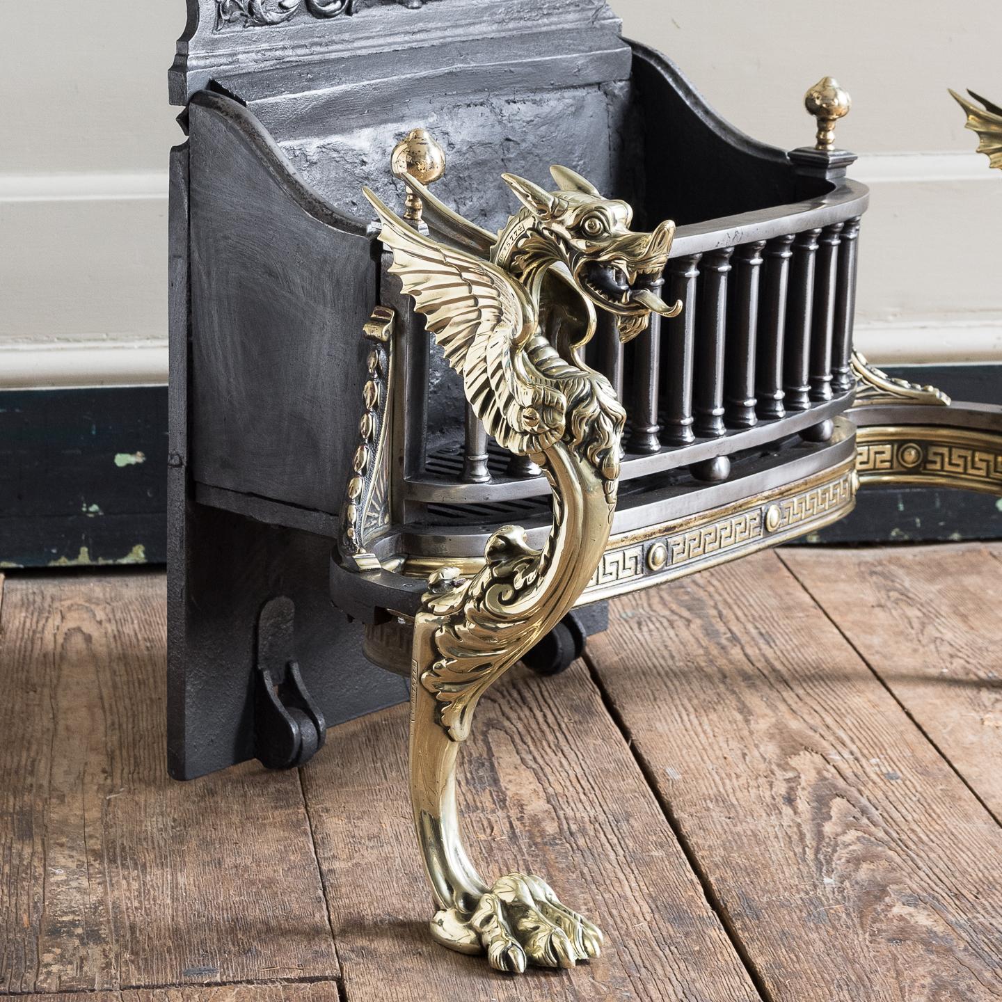 Cast Victorian Iron and Brass Griffin Fire Grate For Sale