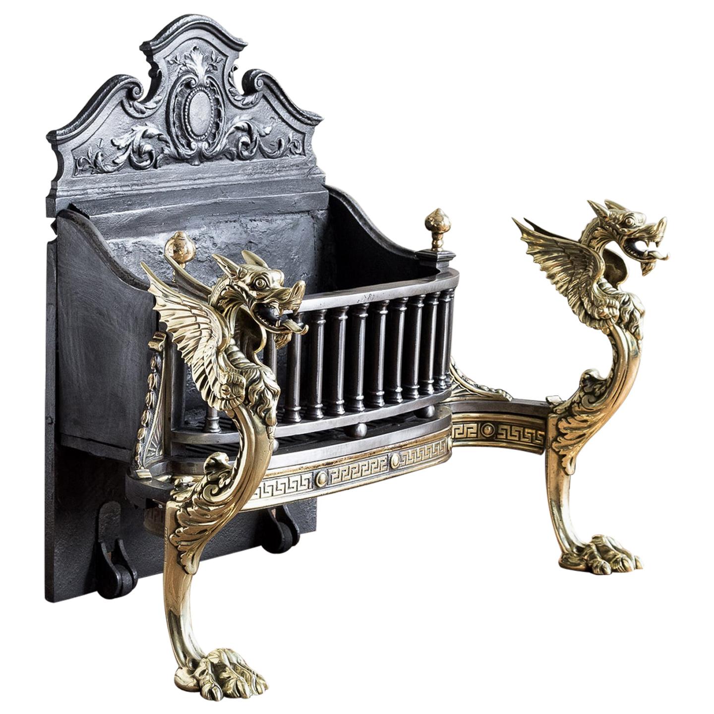 Victorian Iron and Brass Griffin Fire Grate For Sale