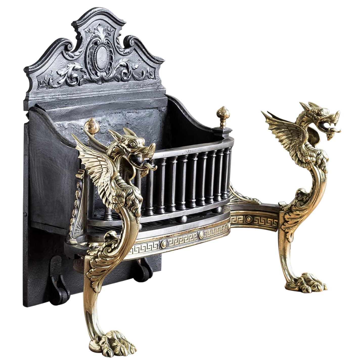 Grille de foyer victorienne en fer et laiton Griffon