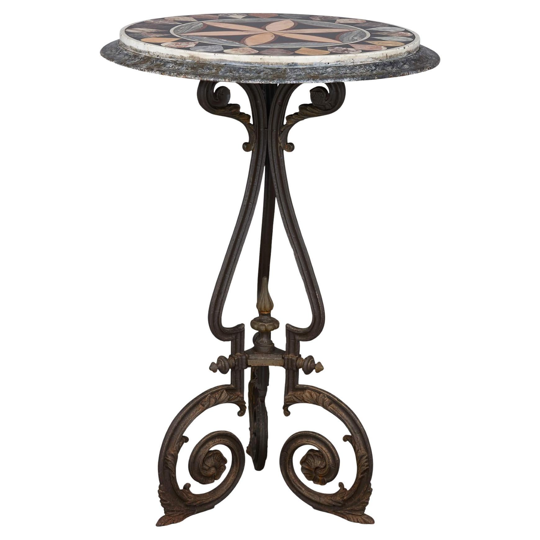 Table d'appoint circulaire victorienne en fer et marqueterie de marbre