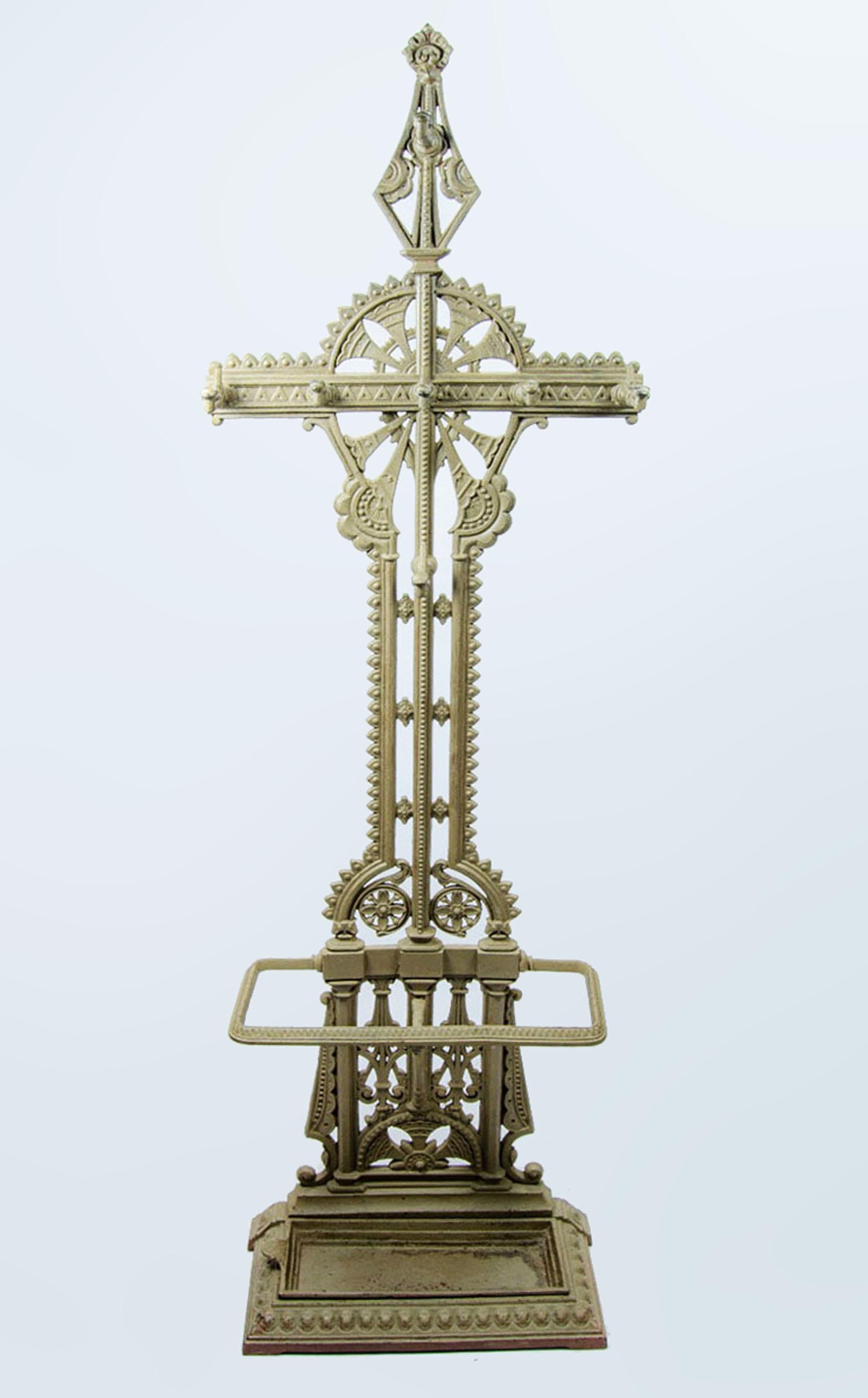 Late 19th century Victorian iron hall stand cross by english author Christopher Dresser for Coalbrookdale Foundry

By: Christopher Dresser, Coalbrookdale Foundry
Material: iron, metal, wrought iron, paint
Technique: cast, molded, metalwork, forged,