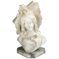 Victorian Italian Alabaster Bust of Woman in Hat, Signed A. Nasi, circa 1890