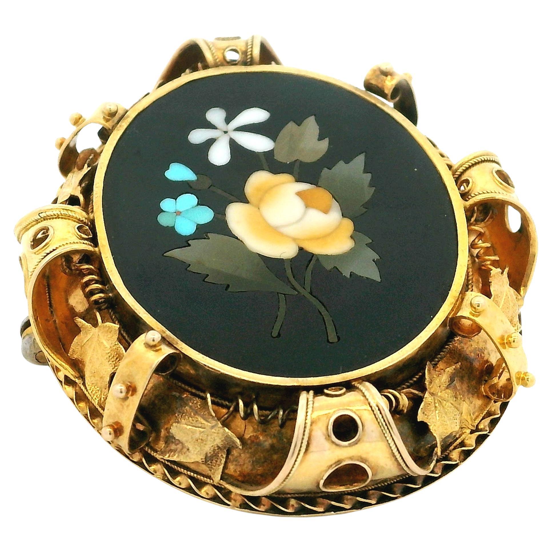 Broche victorienne italienne Florence en or 14K Pietra Dura incrustée de fleurs en pierre dure