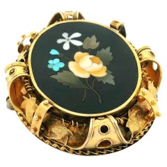 Victorian Italian Florence 14K Gold Pietra Dura Floral Inlaid Hardstone Brooch