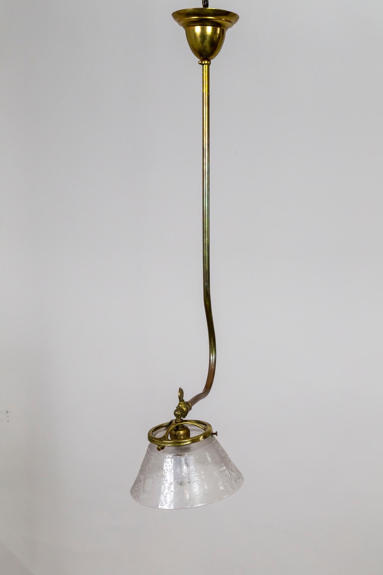 Victorian J-Style Ceiling Light Fixture w/ Etched Glass Shade In Good Condition For Sale In San Francisco, CA