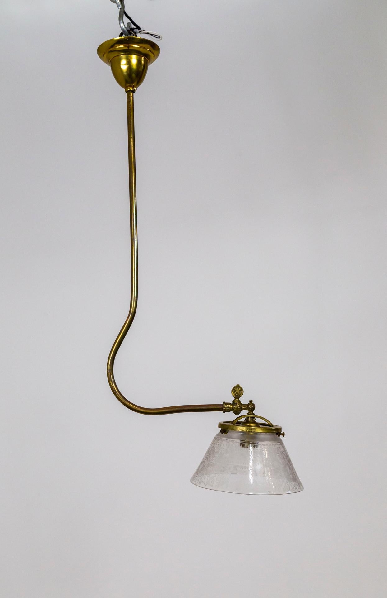 Brass Victorian J-Style Ceiling Light Fixture w/ Etched Glass Shade For Sale