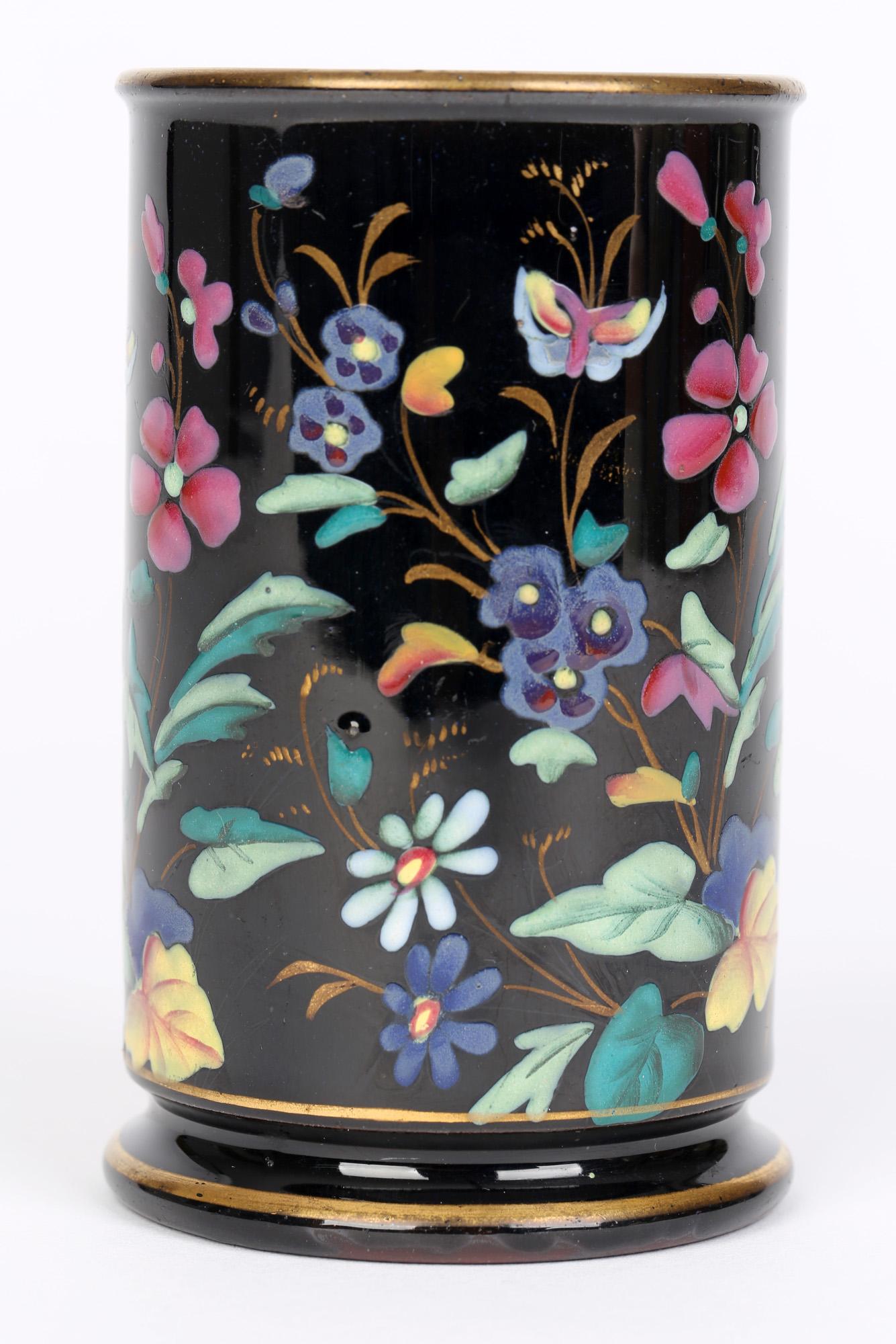 English Victorian Jackfield Style Ceramic Vase with Hand Enameled Floral Designs