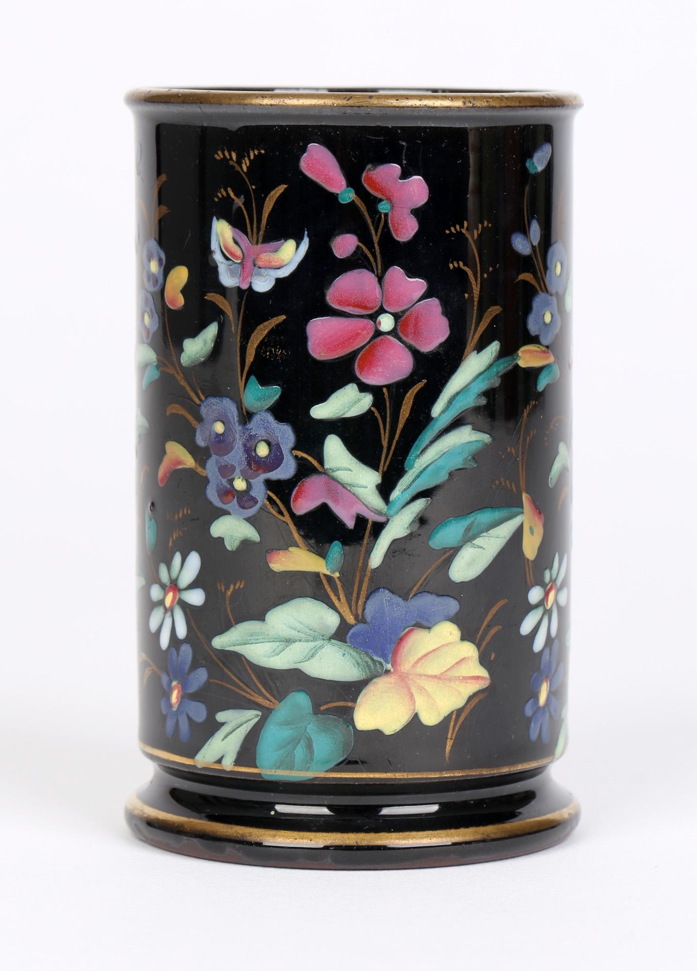 19th Century Victorian Jackfield Style Ceramic Vase with Hand Enameled Floral Designs