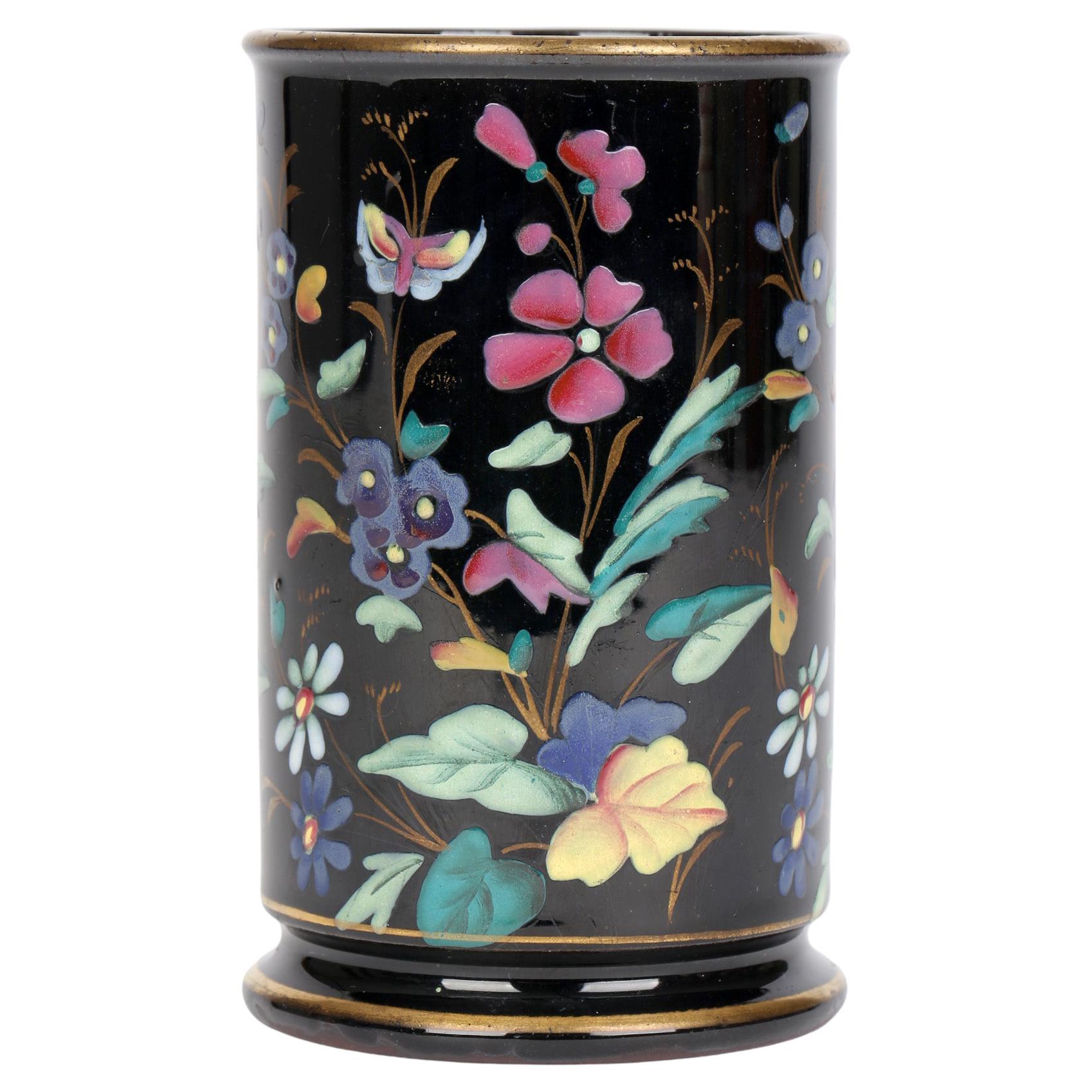 Victorian Jackfield Style Ceramic Vase with Hand Enameled Floral Designs