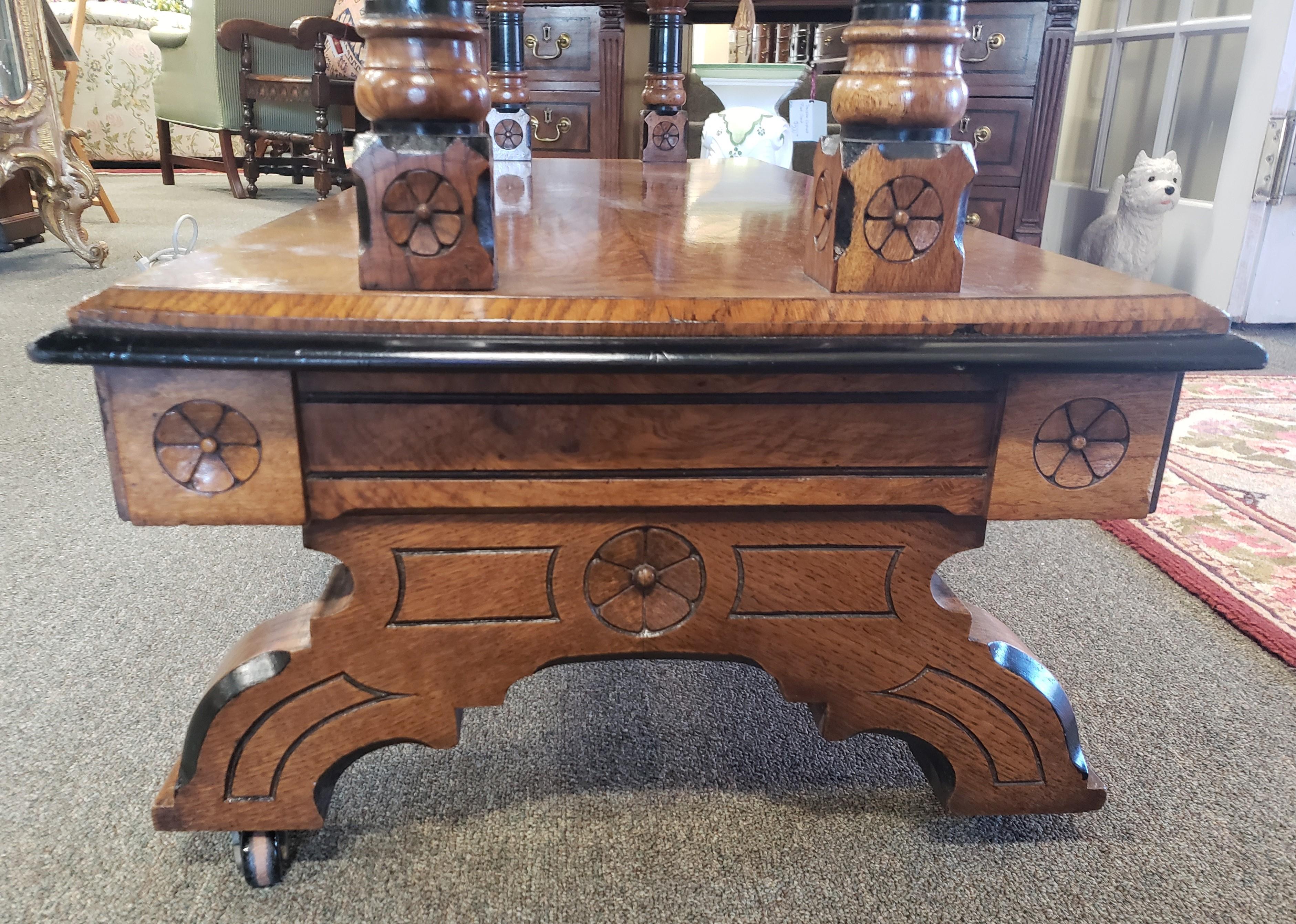 Ceramic Victorian Jacobean Revival Oak and Ebonized Dumbwaiter For Sale