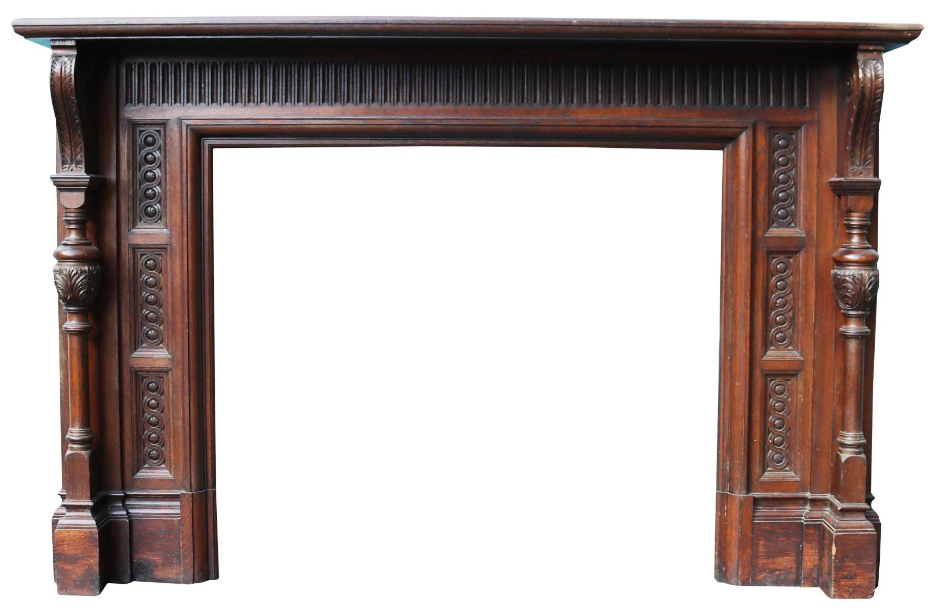 This English Jacobean style fireplace was reclaimed from a house near Salisbury.

Additional dimensions:

Opening height  101 cm

Opening width 117 cm

Width between outside of foot blocks 193.5 cm.