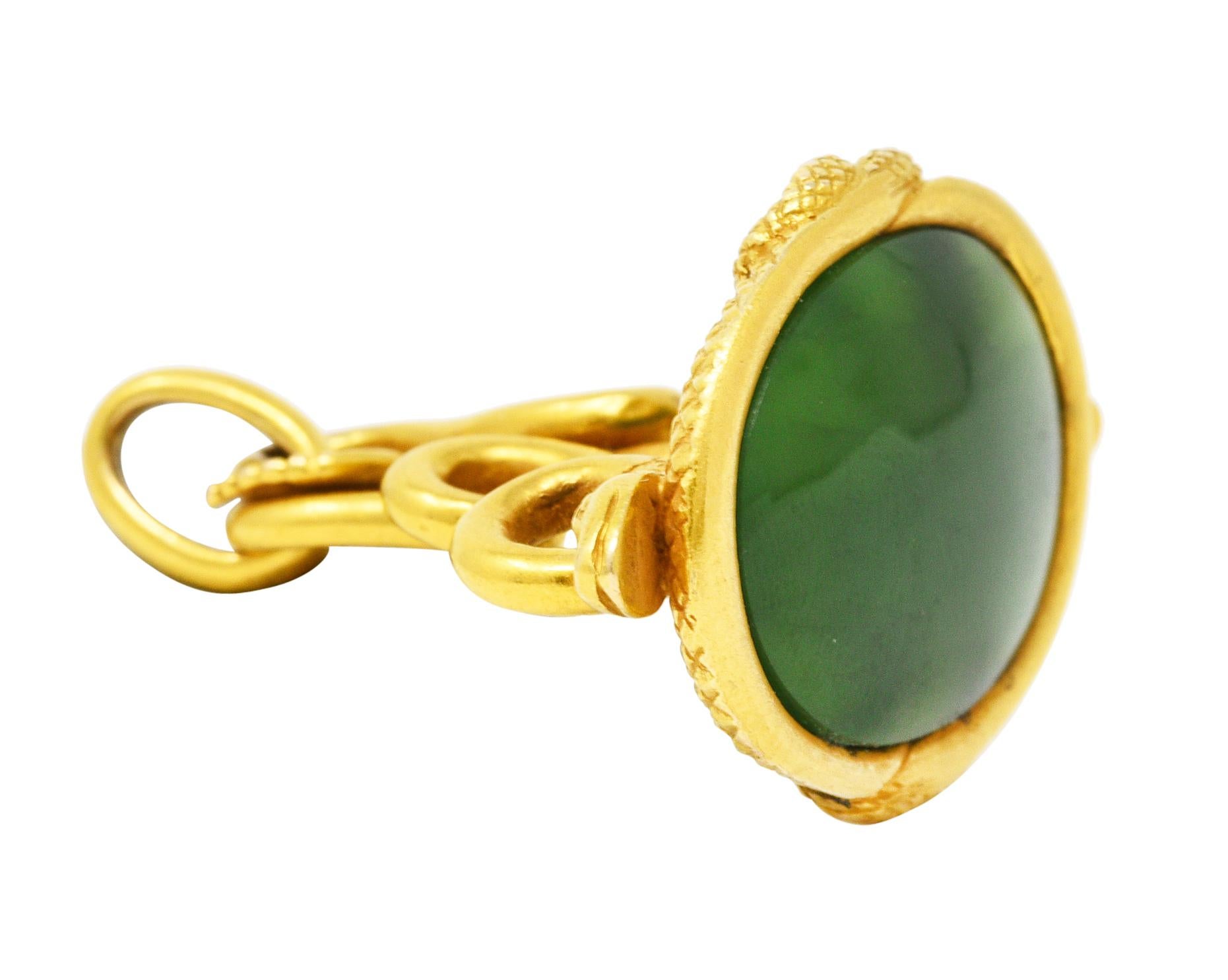 Cabochon Victorian Jade 18 Karat Yellow Gold Love Knot Snake Fob Pendant For Sale