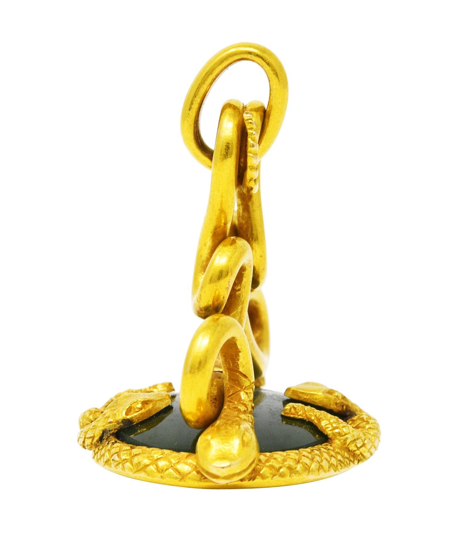 Women's or Men's Victorian Jade 18 Karat Yellow Gold Love Knot Snake Fob Pendant For Sale