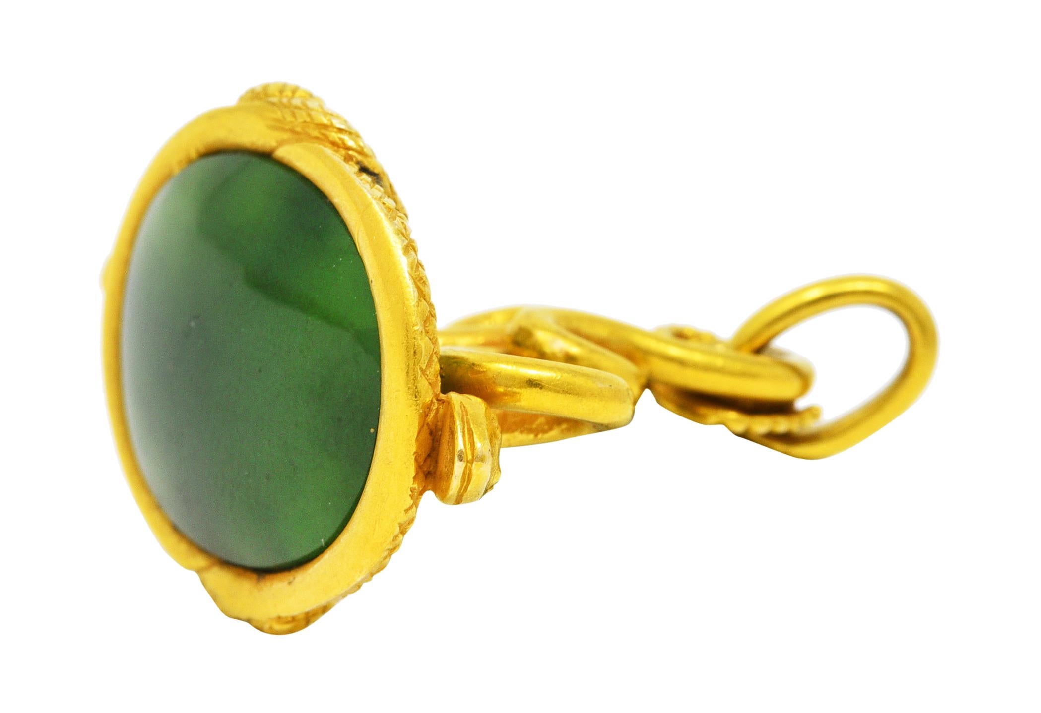 Victorian Jade 18 Karat Yellow Gold Love Knot Snake Fob Pendant For Sale 1