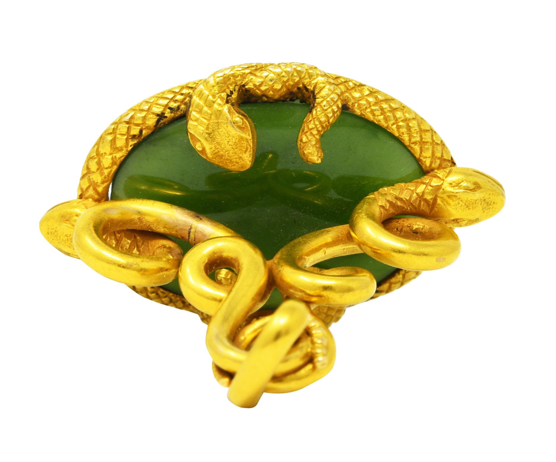 Victorian Jade 18 Karat Yellow Gold Love Knot Snake Fob Pendant For Sale 2