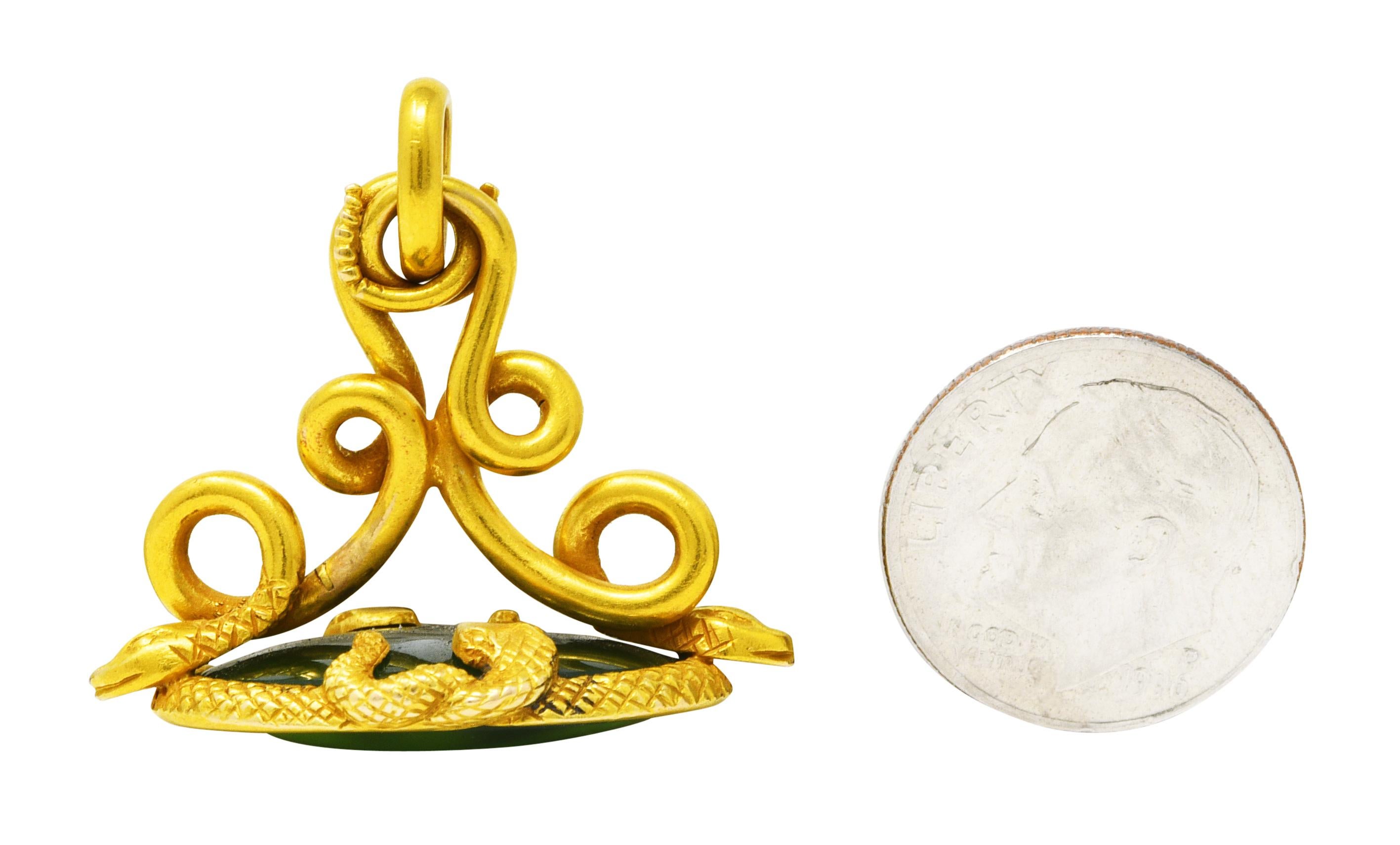 Victorian Jade 18 Karat Yellow Gold Love Knot Snake Fob Pendant For Sale 3