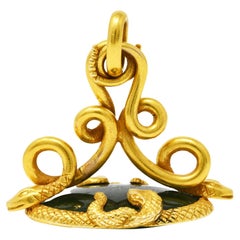Victorian Jade 18 Karat Yellow Gold Love Knot Snake Fob Pendant