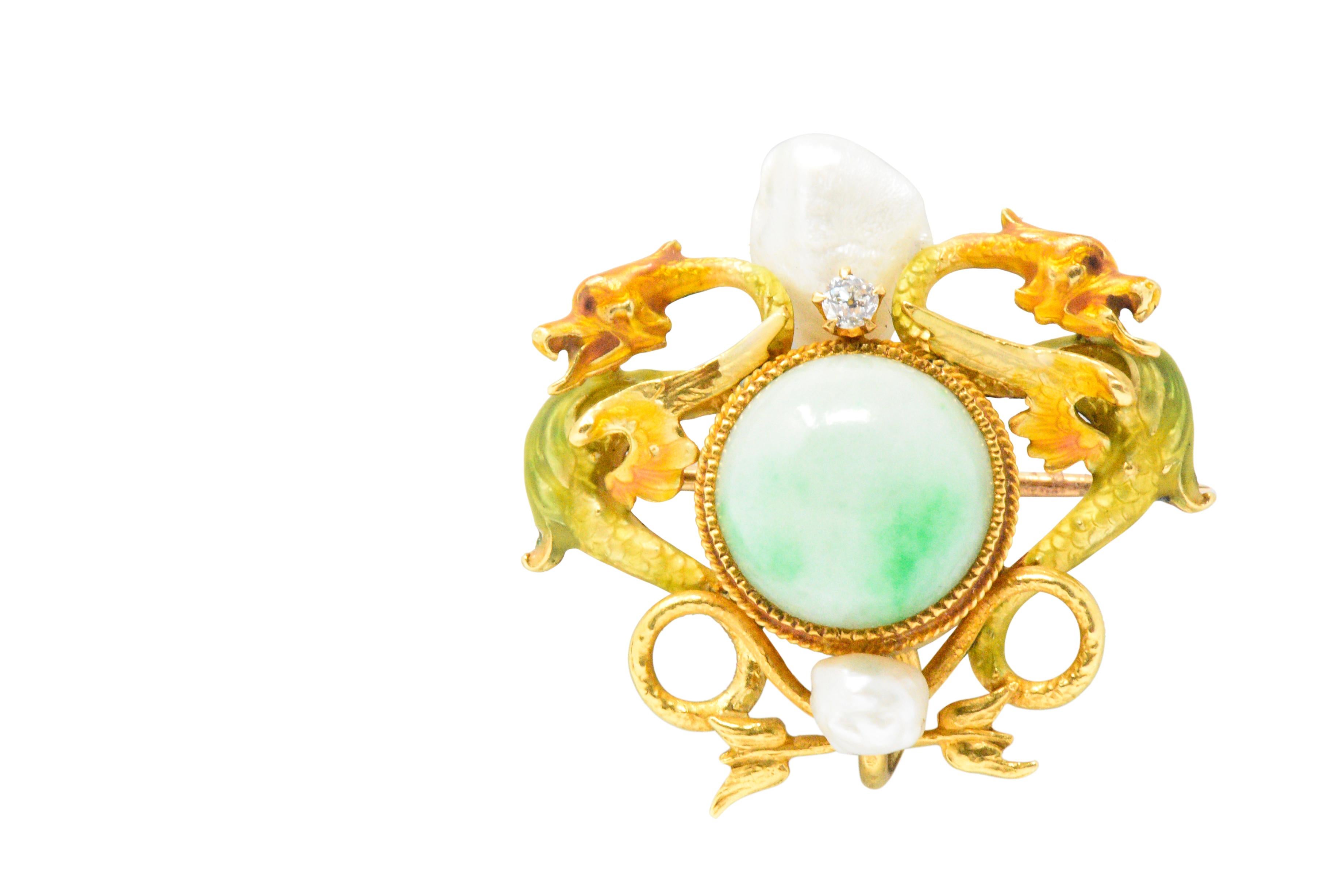 Victorian Jade Diamond Freshwater Pearl Enamel 14 Karat Gold Pendant Brooch In Good Condition In Philadelphia, PA