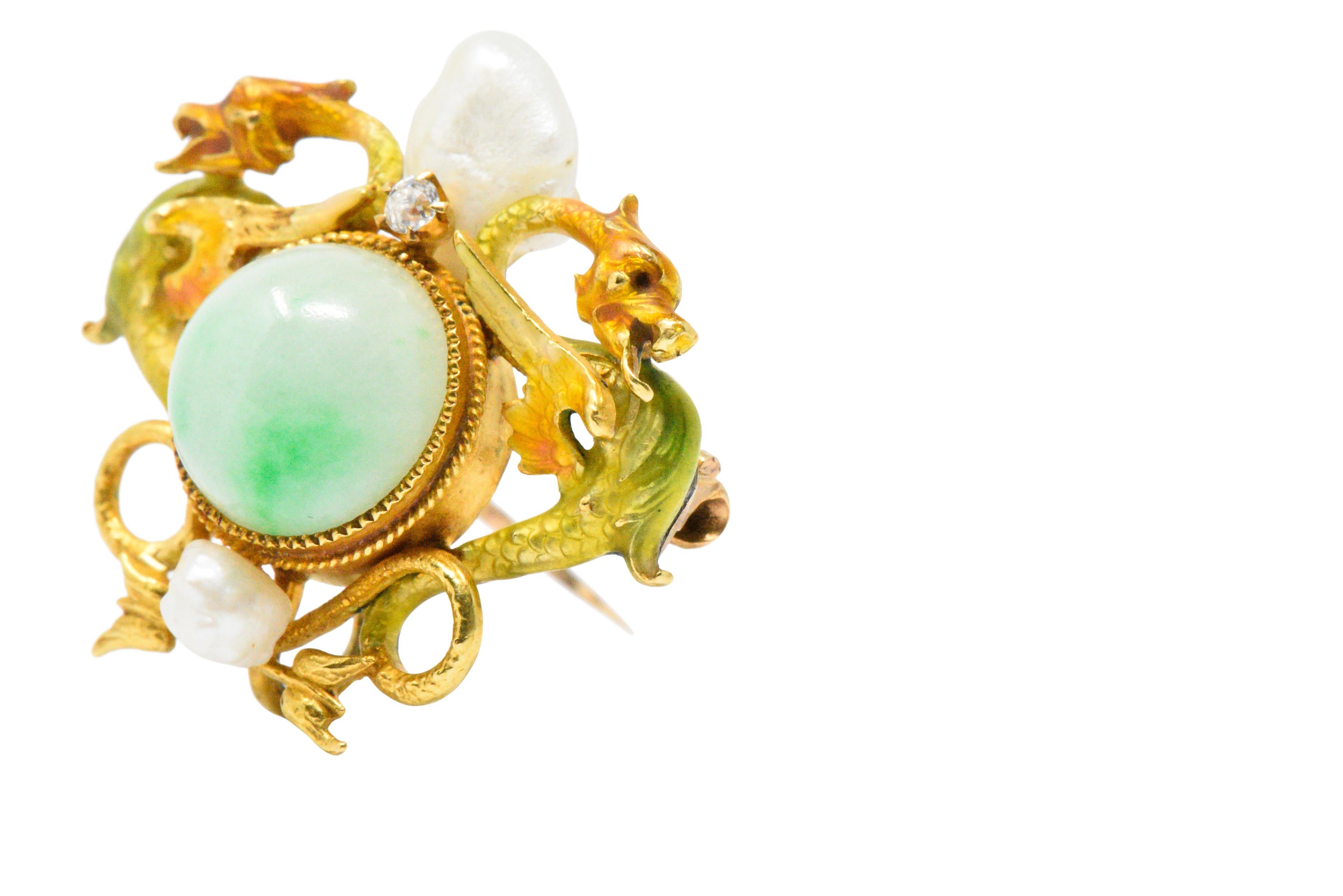 Women's or Men's Victorian Jade Diamond Freshwater Pearl Enamel 14 Karat Gold Pendant Brooch