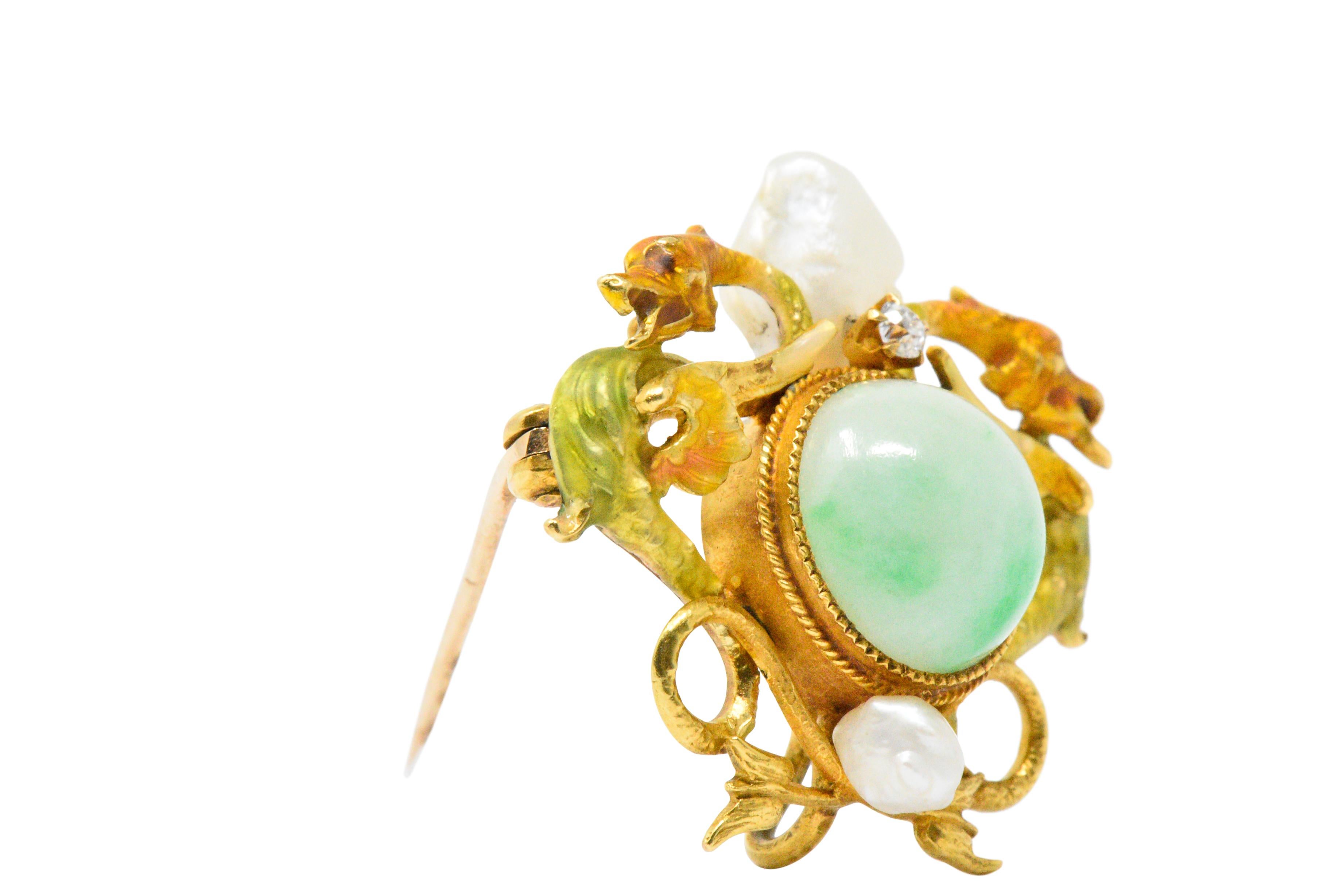Victorian Jade Diamond Freshwater Pearl Enamel 14 Karat Gold Pendant Brooch 1