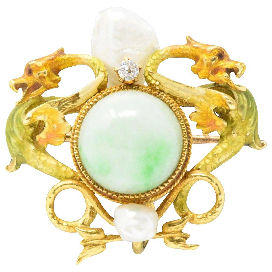 Victorian Jade Diamond Freshwater Pearl Enamel 14 Karat Gold Pendant Brooch