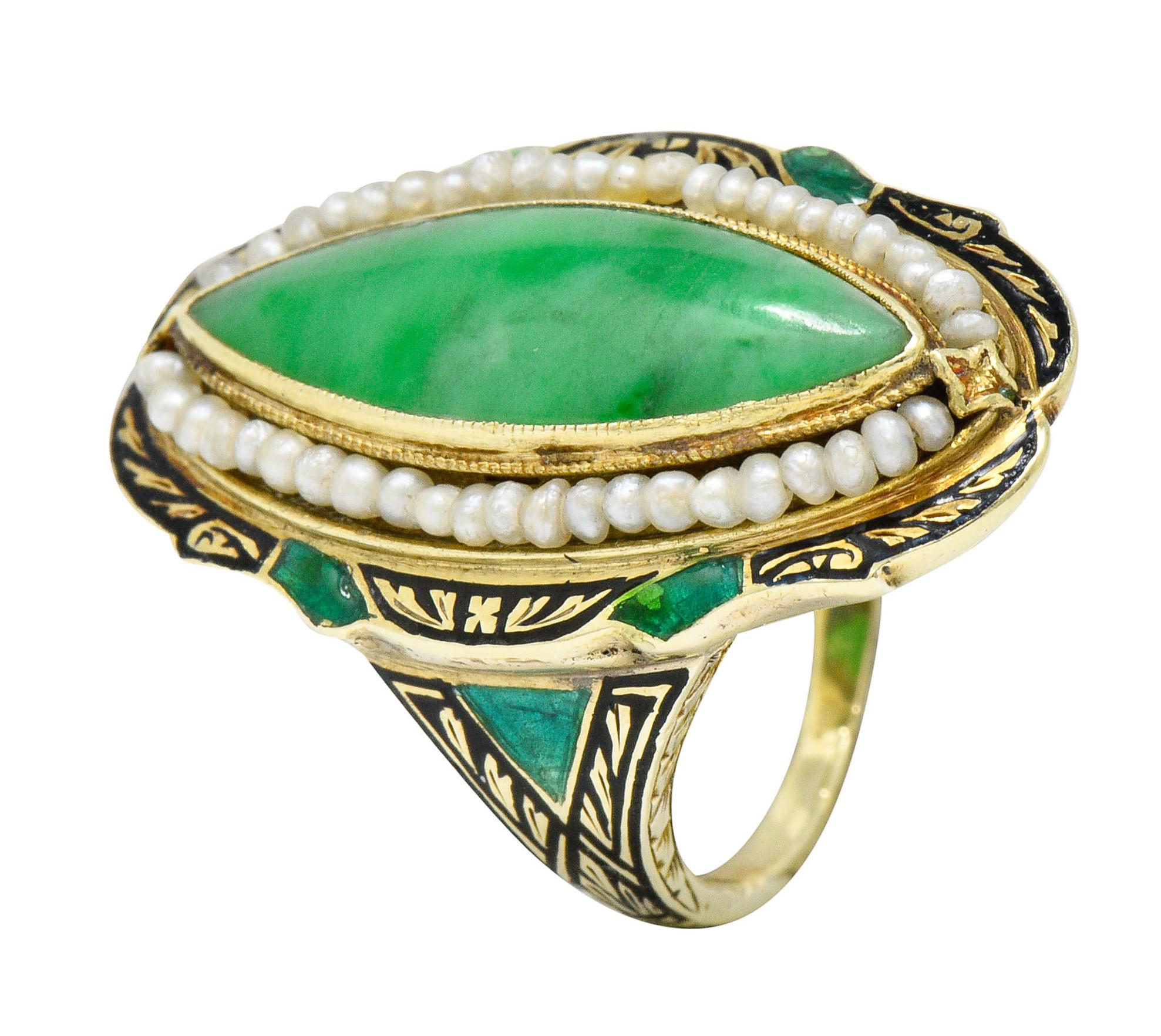 Art Deco Jade Natural Freshwater Pearl Enamel 14 Karat Gold Navette Ring 4
