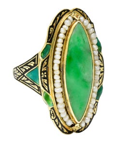 Art Deco Jade Natural Freshwater Pearl Enamel 14 Karat Gold Navette Ring
